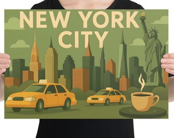 Illustrazione artistica di New York City con taxi e poster di caffè