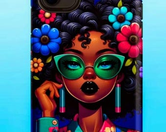 Pretty Girl Afro Flower Blouse With Fashion Green Sunglasses Tough Case for iPhone