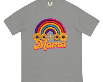 Maglietta Mama Rainbow T-shirt unisex tinta in capo pesante, maglietta mamma, maglietta grafica mamma