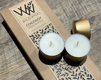 Wild Wicks CocoSoy Unscented Tall Tealights 10 Pack - 6-7 hour burn time - Coconut  Soy Blend Wax - Gold coloured aluminum tea light cups