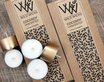 Wild Wicks Cocosoy Unscented Tealights 10 Pack - 8-9 hour burn time - Coconut and Soy Blend Wax - Gold coloured aluminium tea light cups