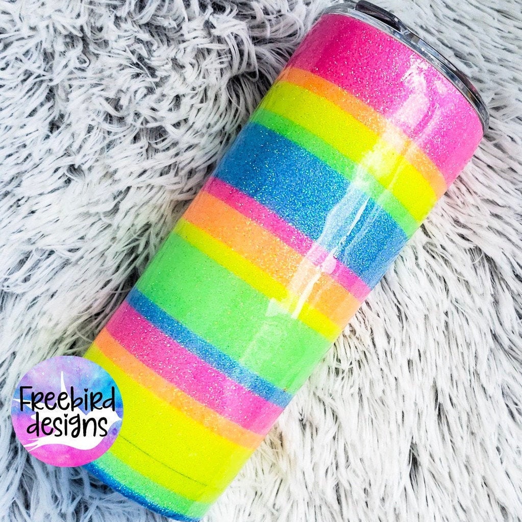 Striped Glitter Tumbler Neon Glitter Yeti Stripes Cup Etsy