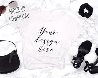 T-Shirt Mockup Photograph with Handbag and Heels, T Shirt Mock Up Stock Photo, White T-shirt Flat Lay with Black Props, Girly Fashion Mockup