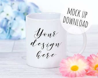 Download Free Mug Mockup Photograph, Colourful Styled Mug Photo, Floral Spring / Summer Mock Up PSD Template
