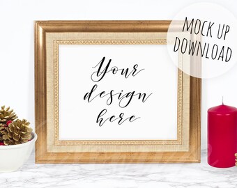 Gold Christmas Frame Mockup Horizontal Frame Mock Up Christmas Frame Photo Styled Stock Photography Red And Gold Frame Mockup Landscape Psd Mockups Download