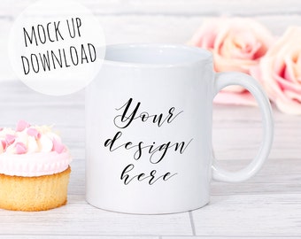Download Mug Mockup Photography Pretty Mock Up Styled White Mug With Cake And Flowers Best Free 3d Logo Mockups PSD Mockup Templates