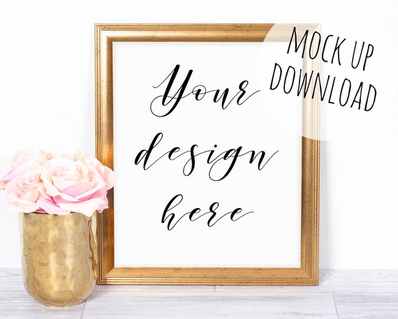 Gold Frame Mockup With Pink Flowers Styled Mock Up Gold Frame Mockup With Pink Flowers Styled Mock Up