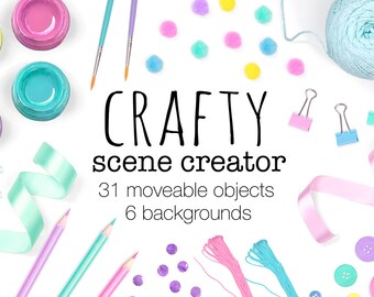Download Free Crafty Scene Creator, Moveable Mockup, Arts and Crafts Props, Flay Lay Custom Scene Photography, Top View, Includes Card Mock Ups PSD Template