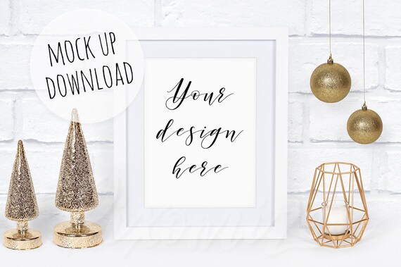 White Christmas Frame Mockup With Gold Props Festive Frame White Christmas Frame Mockup With Gold Props Festive Frame