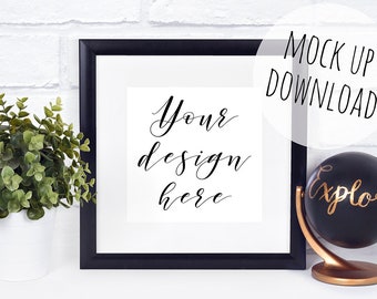 Black Square Frame Mockup With Mount, Square Frame Mock Up Photo With Plant and Globe, Styled Black Frame Stock Photograph, Commercial Use
