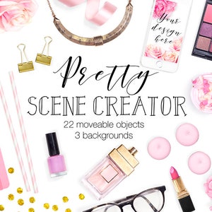 May include: A flat lay scene creator with 22 moveable objects and 3 backgrounds. The scene includes pink roses, a gold necklace, a pink makeup palette, a pink notebook, a pink nail polish bottle, a pink perfume bottle, a pink cupcake, a pink phone case, and gold confetti.