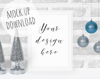 Winter Frame Mockup, Christmas Frame Mock Up, Blue and Silver Frame Photography, Winter Frame Stock Photo, White A4 Frame Mockup