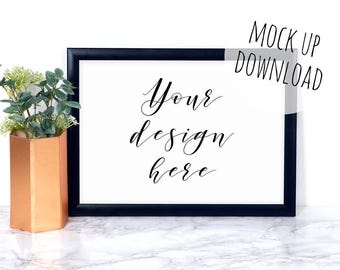 Black Landscape Frame Mock Up Styled Photo, Modern Mockup Stock Photography