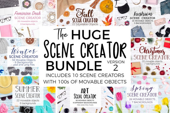 Scene Creator Bundle, Flat Lay Mockups, Themed Photos (PSD)