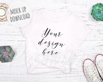 T-Shirt Mockup Stock Photography, White T-Shirt Flat Lay Mock Up, Fashion Stock Photo, Clothing Mockup Styled with Plants and Converse