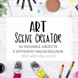 Art Scene Creator, Artist Mockups, Movable Scene Generator with Art and Craft Supplies, Artist Flat Lay Mockup Photography