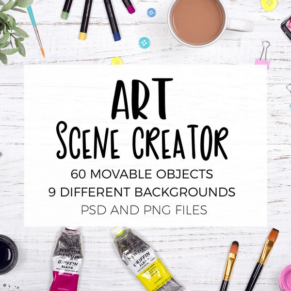 Art Scene Creator, Artist Mockups, Movable Scene Generator with Art and Craft Supplies, Artist Flat Lay Mockup Photography