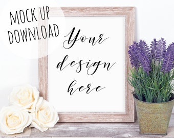 Wooden 8x10 Frame Mock Up Photography Styled with Flowers on Wooden Shelf, Styled Frame Scene