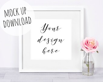 White Square Frame Mockup Photo, Styled Mock Up Photography with Pretty Flowers