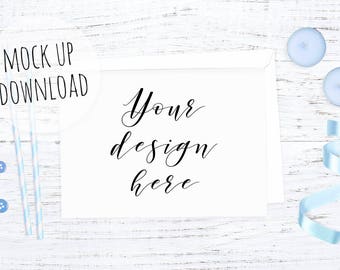 Blue Horizontal Card Mockup, Boy Themed Mock Up, Baby Shower Invite Mock Up, Party Styled Stock Photography, Commercial Use