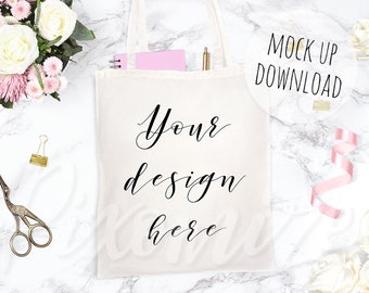 Tote Bag Mockup Photo, Pretty Bag Mock Up, Canvas Bag Stock Photography, Flat Lay Bag Mockup Download, Tote Bag Photograph with Pretty Props