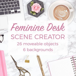 Feminine Desk Scene Creator, Desk Flat Lay Styled Stock Photography, Pink and Gold Mockups, Pretty Scene Creator With Movable Objects image 1