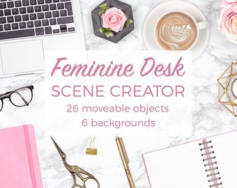 Feminine Desk Scene Creator, Desk Flat Lay Styled Stock Photography, Pink and Gold Mockups, Pretty Scene Creator With Movable Objects