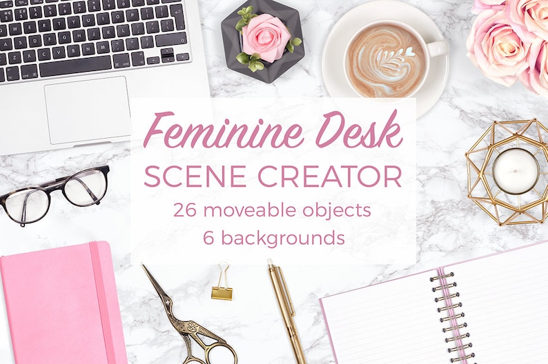 Feminine Desk Scene Creator, Desk Flat Lay Styled Stock Photography, Pink and Gold Mockups, Pretty Scene Creator With Movable Objects image 1