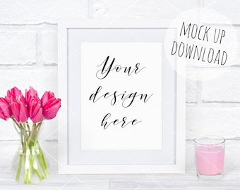 Pretty Frame Mockup, Spring Frame Mock Up, Frame Styled With Pink Flowers, Girly Mock Up, 8x10 Frame Stock Photography, Commercial Use