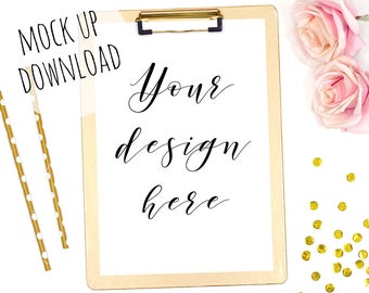 Gold Clipboard Mockup, Styled Mock Up Photography for Shops, Stock Photo
