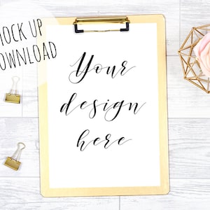 Pretty Clipboard Mock Up, Gold Mockup Styled with Stationery and Flowers, Stock Photography