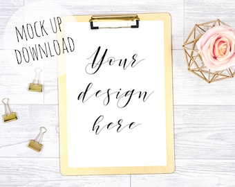 Pretty Clipboard Mock Up, Gold Mockup Styled with Stationery and Flowers, Stock Photography