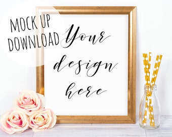 Gold Frame Mockup Scene, Golden Frame Photography, Pretty Styled Mock Up