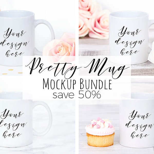 Mug Mockup Bundle, 4 Pretty Mug Styled Mock Up Photographs, Mug Stock Photography, Product Photos Discount