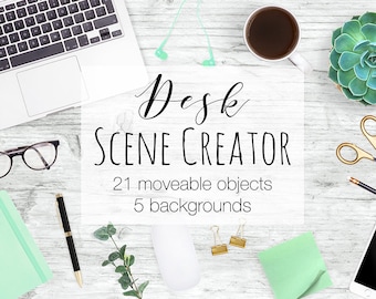 Desk Scene Creator, Top View Moveable Mockup, Card Mock Up, Mint and Gold Props, Desk Top Scene, Stock Photography Templates
