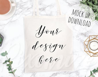 Neutral Tote Bag Mockup, Canvas Bag Mock Up Photo, Tote Bag Photograph Styled With Plants, Flat Lay Bag Mockup Stock Photography