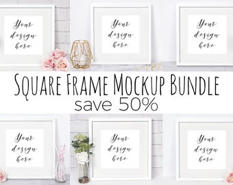 Square Frame Mockup Bundle, 6 x Mock Up Photographs, Collection of White Frame Stock Photos