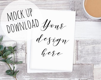 Card Mockup Scene Photograph, Invitation Mock Up, Styled Photo With Mug and Wooden Background