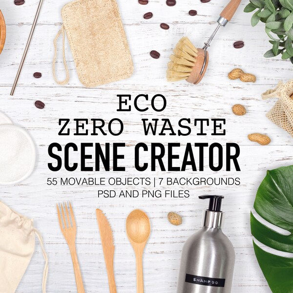 Eco Zero Waste Scene Creator, Zero Waste Mockups with Moveable Objects, Eco Zero Waste Flat Lay Photography, Eco Scene Creator