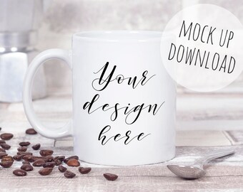 Coffee Mug Mockup Styled Photograph, White Mug Mock Up Stock Photo, psd Mug Template