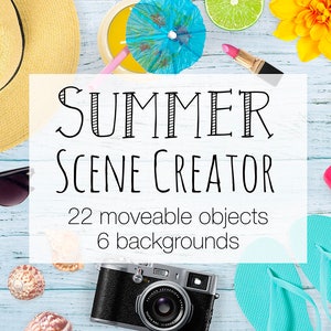Sommer Szene Ersteller, Bunter Top Ansicht Mockup Ersteller Inklusive 2 Karten-Mockups, Sommerliche Photoshop Szene mit beweglichen Objekten