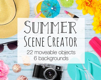 Summer Scene Creator, Colorful Top View Mockup Creator Including 2 Card Mockups, Summery Photoshop Scene With Moveable Objects