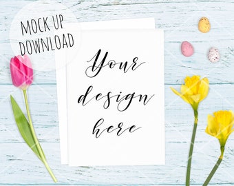 Easter Card Mockup, Spring Mock Up Photo, Easter Styled Stock Photography, Pastel Card Mockup, Spring Flat Lay, Commercial Use