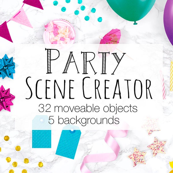 Party Scene Creator, Moveable Mockup, Card Mockup With Moveable Objects, Birthday Invitation Mock Up Creator, Balloons Confetti and More!