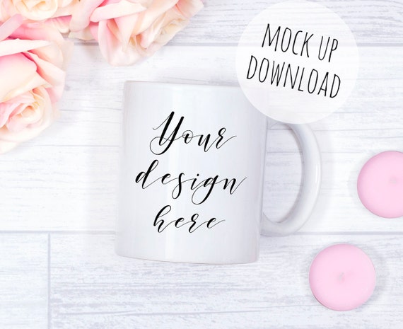 White Mug Mockup, Styled Photo with Flowers, Pink Candles (PSD, JPEG)