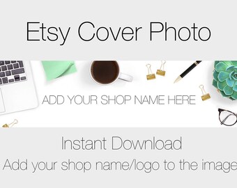 Etsy Cover Photo, Pre-Made Cover Photo Design for Etsy Shops, Instant Download Etsy Banner, Desk Theme with Laptop and Plants, Stock Photo