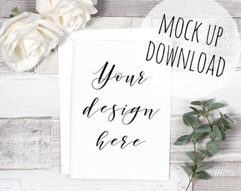 Rustic Card Mockup or Invite Mock Up on Wooden Background, Styled Photography Card Photoshop Template with Envelope