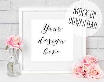 Pretty Frame Mockup, Square Frame Mock Up Photograph, Pink Flowers