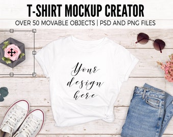 T-Shirt Mockup Creator, T Shirt Mockup Styled Stock Photography, Fashion Scene Creator with Movable Props, T-Shirt Mockup Generator