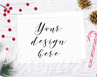 Horizontal Christmas Card Mockup, Landscape Card Mock Up, Styled Mockup Photo With Christmas Props, Winter Card Stock Photo, Winter Flatlay